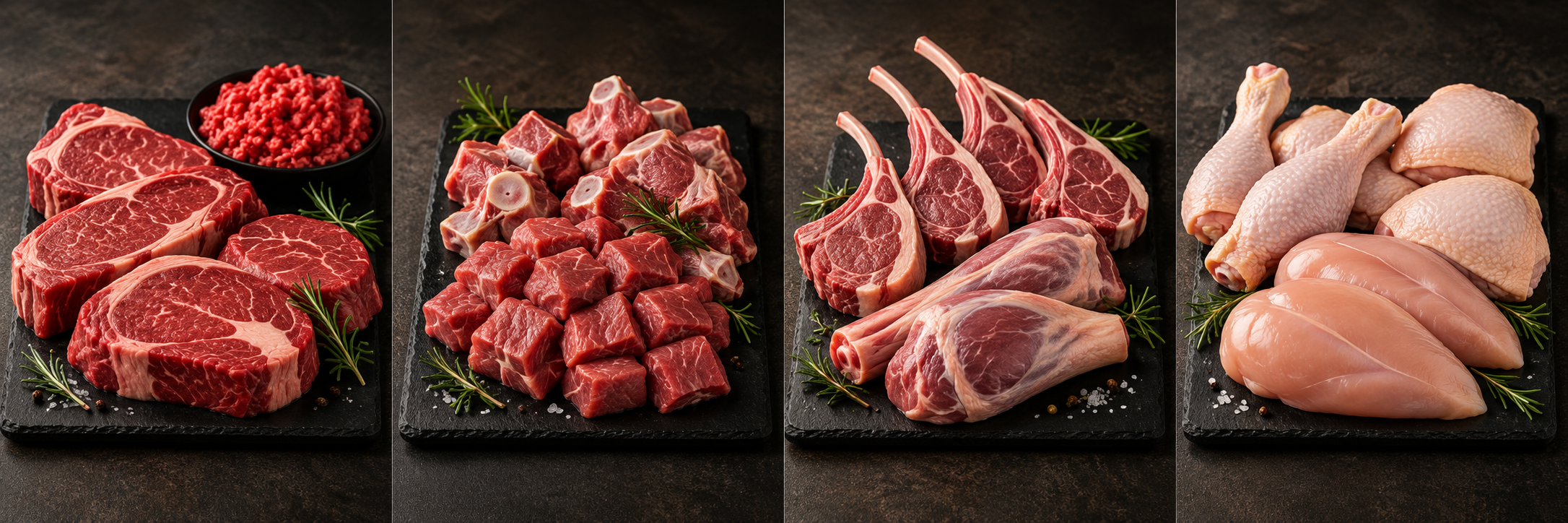 Illustrative beef, goat, lamb and chicken selections
