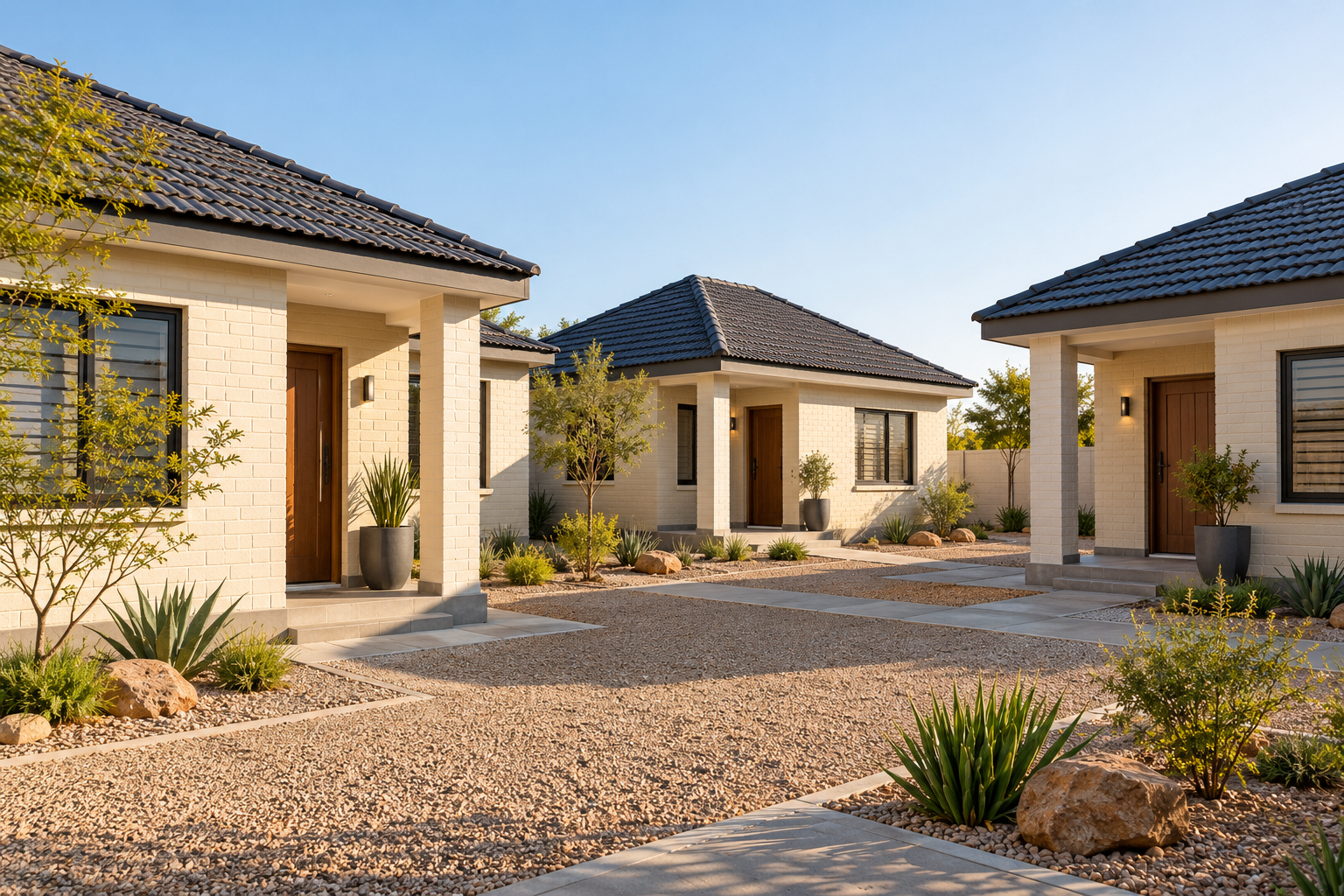 Illustrative single-storey rental homes, not an existing Buffalo Hills development